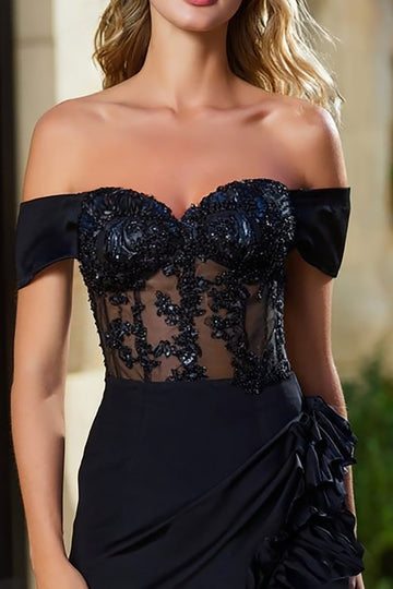 Off The Shoulder Black Bodycon Cocktail Dress With Appliques